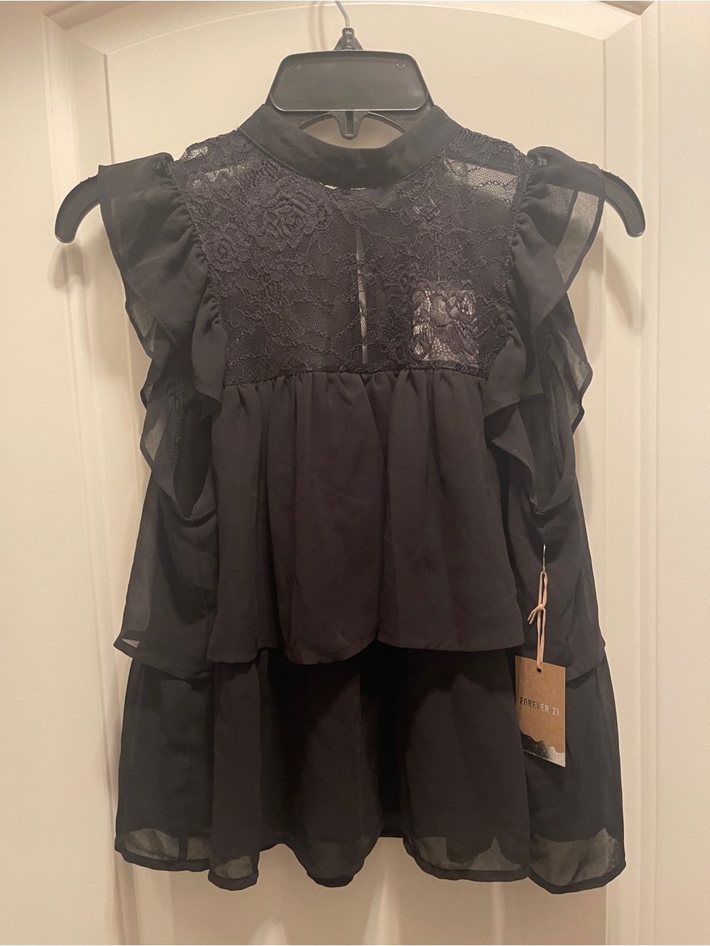 Black Lace Ruffle Tiered Sleeveless Blouse